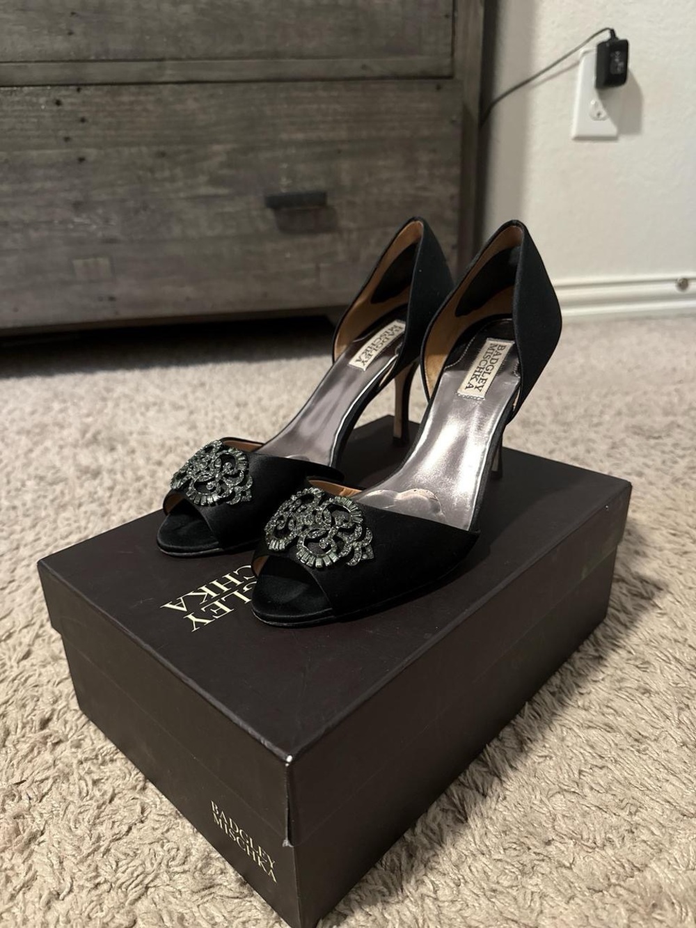 Badgley Mischka Black Satin D'Orsay Peep-Toe Heels with Crystal Rosette